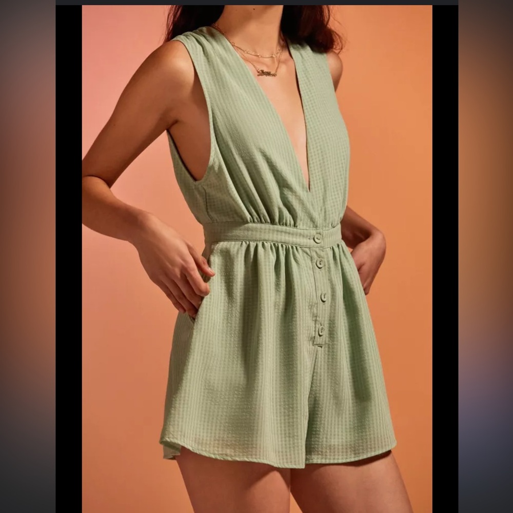Urban Outfitters Plaid Chiffon Plunging Button Down Romper